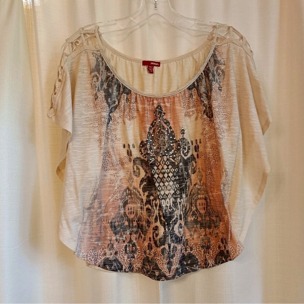 Bongo Women's Size L Beige Rhinestone Boho Open Shoulder Top